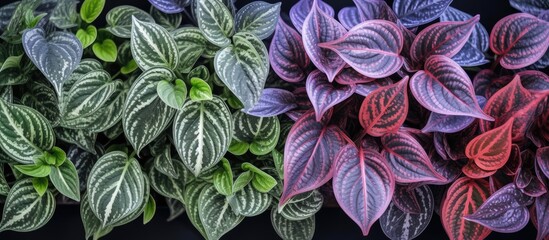 A closeup shot of various colored leaves on a flowering plant, displaying shades of purple, violet, and green. The terrestrial plant serves as a beautiful groundcover in any garden event