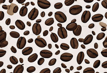 Obraz premium Drawn coffee bean seamless background. Pattern with falling coffee beans. Food doodle sketch backdrop stock illustration