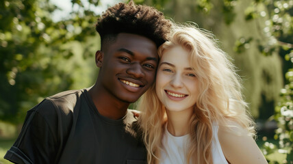 Naklejka premium Young multiracial diverse couple sharing a moment in nature outdoors