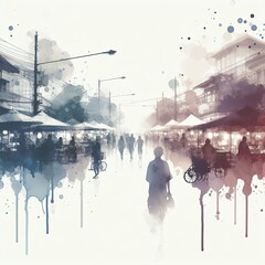 Obraz premium Asian Night market in splash ink painting with Generative AI.
