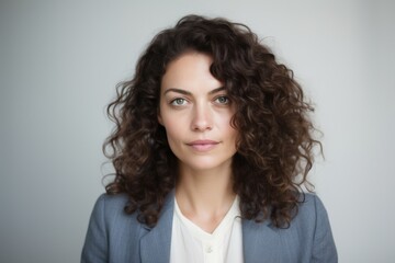 Portrait of a young business woman with curly hair on gray background