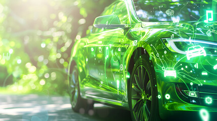 An eco - friendly sports car with a glossy finish, overlaid with a semi - transparent digital...
