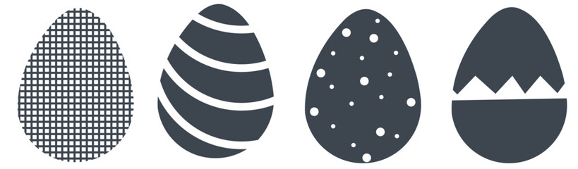 Simple vector illustration of four black flat design easter eggs with geometric pattern designs isolated on white background