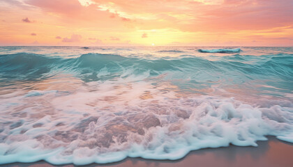 Calm and paradisiacal Caribbean beach during sunset. Sunny sea shore with foamy water and waves....