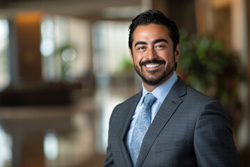 Fototapeta premium A financial advisor headshot of a trustworthy and experienced man in a suit and tie posing for a picture. Copy space.