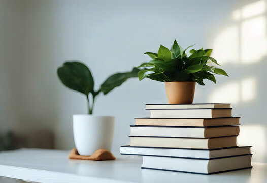 Mockup stack of book and houseplant on white wooden table copy space for product display or montage. stock photoDesk Office Backgrounds Plant Table