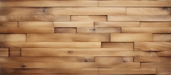 A closeup of a wooden wall featuring brown hardwood planks arranged in a rectangular pattern. The wood stain adds beige tints and shades to the plywood flooring