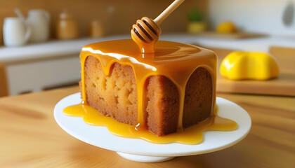 A slice of honey cake with caramel drizzle on a wooden table