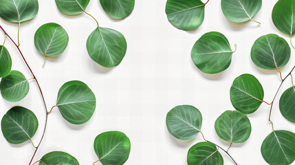 Fresh Green Leaves on a White Background, Creating a Vibrant and Natural Frame for Eco-Friendly and Botanical Designs - obrazy, fototapety, plakaty