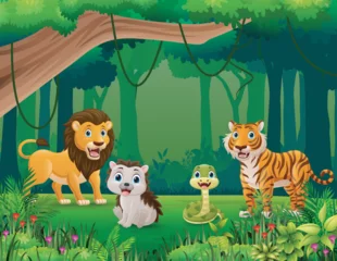 Fototapeten Wild animals cartoon in the jungle © dreamblack46