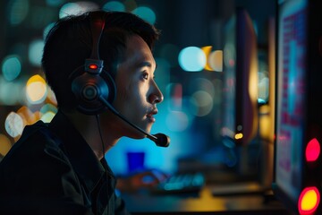 Call center agent providing customer support services to clients around the world during the night shift, resolving inquiries and issues efficiently, Generative AI - obrazy, fototapety, plakaty