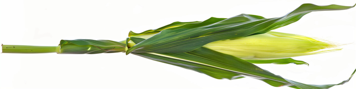 A vibrant corn stalk with a young cob surrounded by green leaves, isolated on a white background.