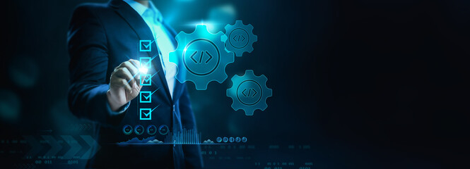 Businessman check the programming code and the abstract technology background.