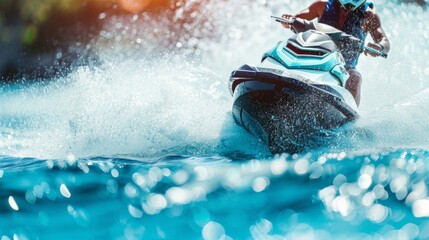 Naklejka premium A person riding a jet ski with the crystal blue ocean sparkling in the background creating a white spray of water as they make a sharp turn.