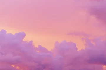 Washable wall murals Candy pink Pastel nature Sunset, purple fluffy clouds on pink colored sky, picturesque landscape pastel tones, soft colorful scenery with vanilla sky, beautiful sunlight lighting heaven in bright colors