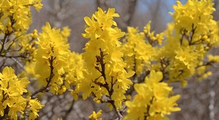 Naklejka na ściany i meble Bright yellow forsythia bushes announcing the arrival of spring 