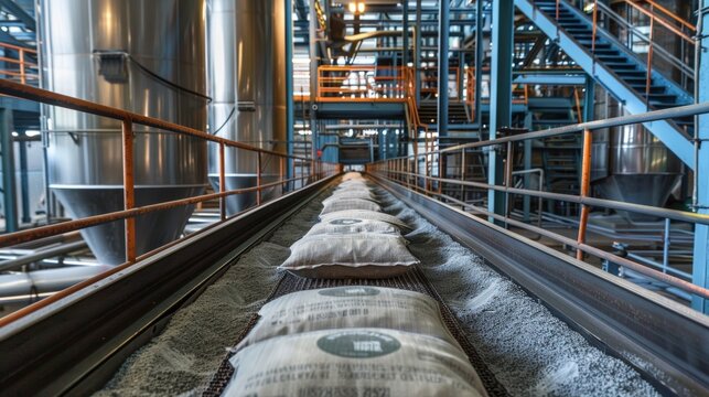 A conveyor belt carrying bags of activated carbon used in the filtration process towards the treatment tanks.
