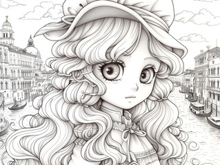 Portrait of a woman in a carnival costume against the backdrop of the canals of Venice. Black and white image for coloring book