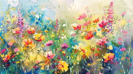A vibrant watercolor painting depicting an array of colorful flowers blooming in a field. Spring concept. Card.