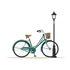 A bicycle leaning against a lamppost. flat vector 