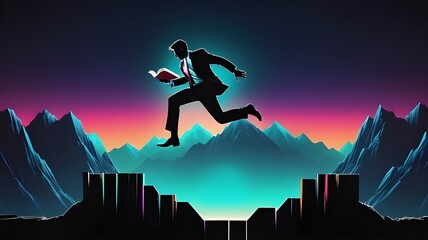 A book holding businessman jumping across the gap from one mountain to another. Vector silhouette. Overcoming obstacles, achieving targets, moving to new position, good luck, success, new year concept