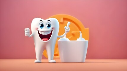 Smiley healthy white tooth cartoon character with toothbrush and toothpaste on pink background. Oral hygiene concept for kids. Morning routine brushing teeth concept. Dental and Health care concept. 
