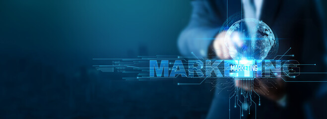 Marketing, Marketing Technology, and Businessman Using Marketing Technology with a Smartphone on a Global Network