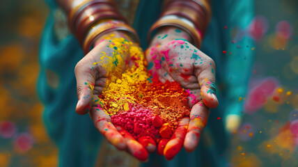 Indian woman hands holding vibrant Holi festival colors - obrazy, fototapety, plakaty