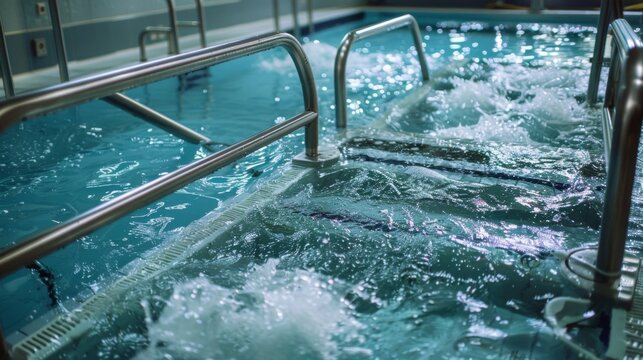 A view of a hydrotherapy pool with multiple jets and steps for patients to perform water exercises and improve mobility.