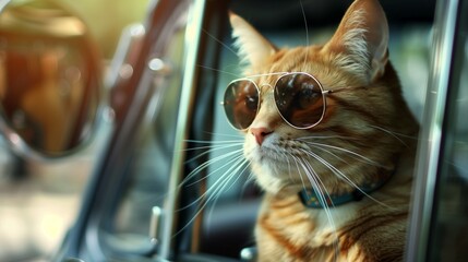 Whiskers in the wind—a cat dons sunglasses, reclining in a classic car. HD lens captures the...