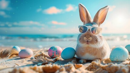 A rabbit wearing colorful sunglasses next to an easter egg - obrazy, fototapety, plakaty