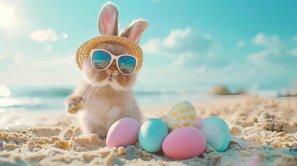 A rabbit wearing colorful sunglasses next to an easter egg - obrazy, fototapety, plakaty