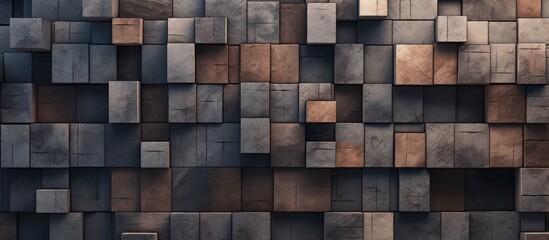 The rectangular grey brick wall resembles a modern art piece, with a pattern of squares and rectangles creating a unique flooringlike design using building materials like wood
