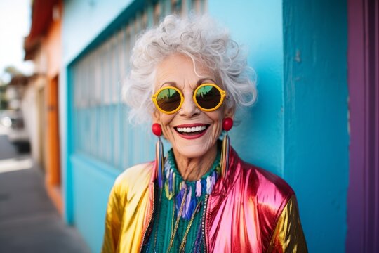 Close-up portrait of a happy senior woman wearing colorful clothes and sunglasses.