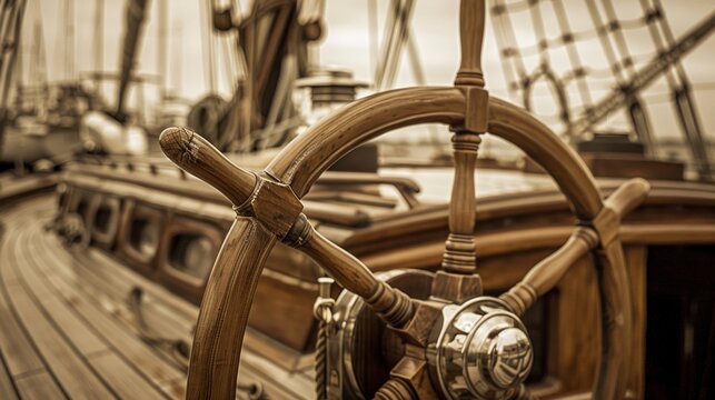 In the foreground a vintage tant leans against the ships wheel a nod to the navigational tools of the past. The sepia tones give the image an aged weathered feel as though