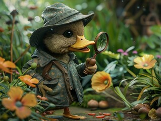A detective duck with a magnifying glass investigating a case of missing worms in a garden. - obrazy, fototapety, plakaty