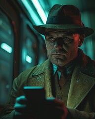 A detective from the 1940s solving mysteries with the help of a time-traveling smartphone. - obrazy, fototapety, plakaty