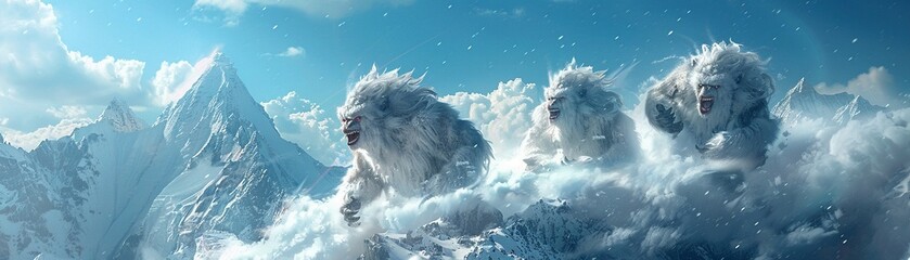 A group of yetis having a snowball fight with clouds on top of Mount Everest. - obrazy, fototapety, plakaty