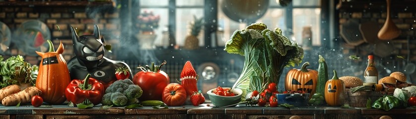 A team of superhero vegetables fighting against junk food villains in a kitchen showdown. - obrazy, fototapety, plakaty