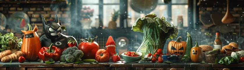 Fotobehang A team of superhero vegetables fighting against junk food villains in a kitchen showdown. © earthstudiotomo