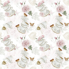 Rosehip pink flowers, red berries, leaves, white porcelain teaware and butterflies, watercolor seamless pattern on white - obrazy, fototapety, plakaty