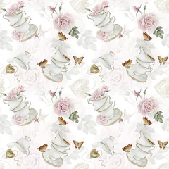 Foto op Canvas Rosehip pink flowers, red berries, leaves, white porcelain teaware and butterflies, watercolor seamless pattern on white © Leyla