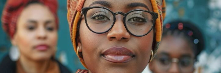 A close up portrait of a beautiful young woman wearing glasses and a head scarf standing in front of other multicultural women