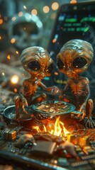 Tiny aliens hosting a barbecue on a smartphone grilling microchips and circuit pieces.