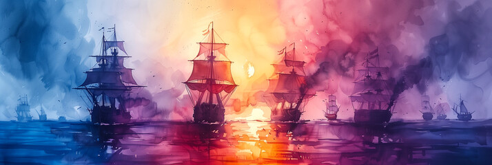 Wallpaper in the style of watercolor painting, a modern series of panoramic aerial views of a naval battle of sailing ships of the 17th century - obrazy, fototapety, plakaty