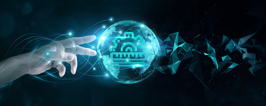 Businessman touch on global networks and engineering connections propels innovation and fosters worldwide collaboration.