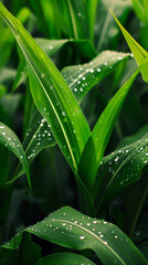 Fototapeta premium Close-up of a green plant covered in water droplets. Wallpaper, background.