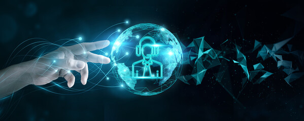 Businessman touching global networks and consulting connections worldwide.