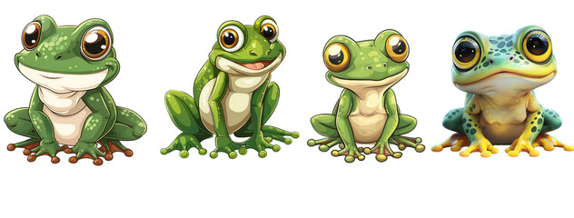 Cute funny green  frog with big eye set isolated on a transparent or white background, png	