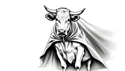 A sketch of a cow wearing a cape and striking a heroic pose - obrazy, fototapety, plakaty